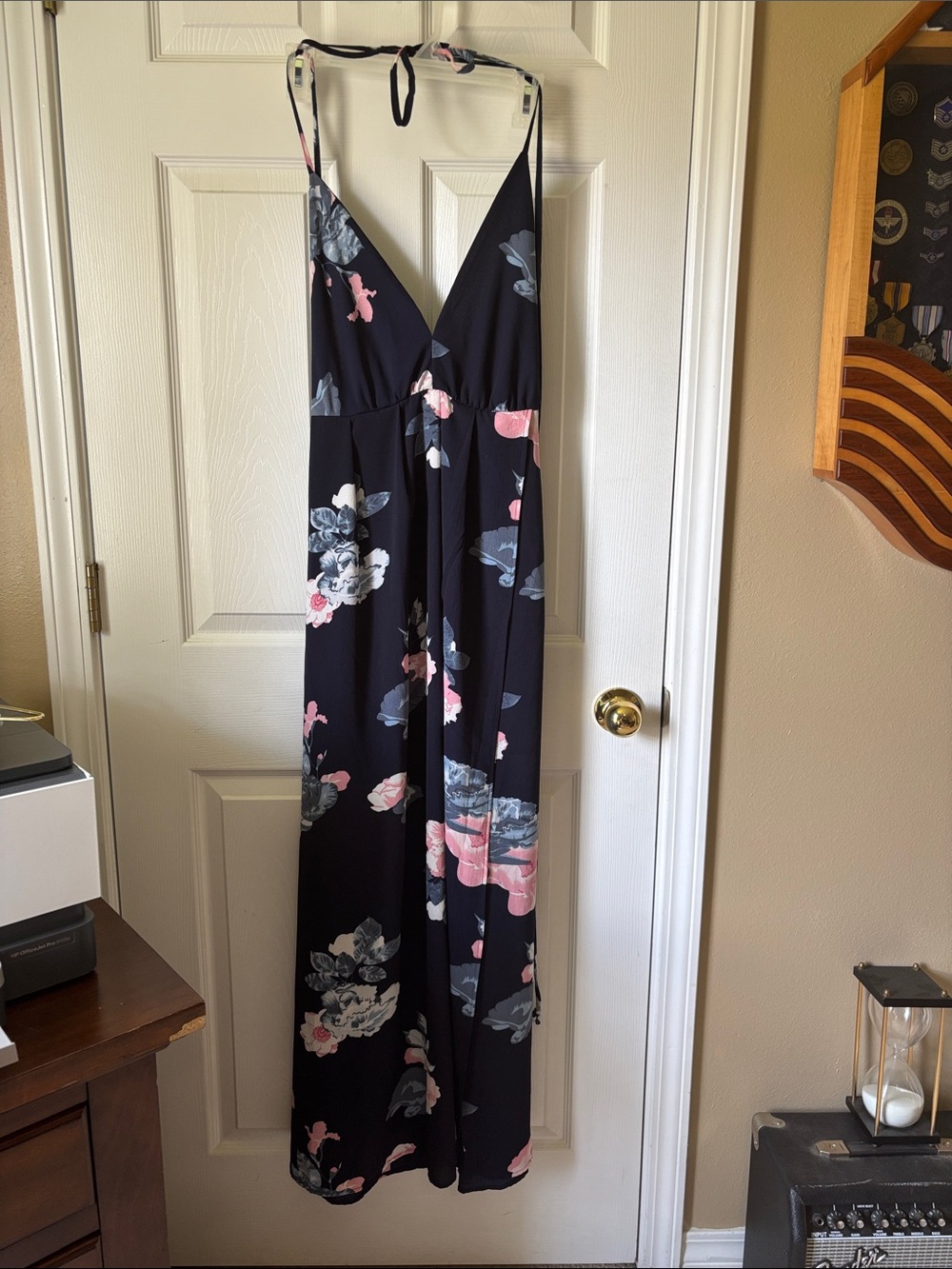 Simplee Floral Halter Maxi Dress Navy Blue Size M Lined Flowy Summer Dress